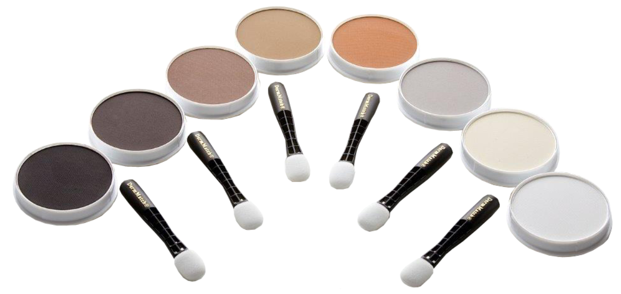 Cores DermMatch Portugal: Preto, Castanho Escuro, Castanho Médio, Castanho Claro, Ruivo, Louro, Cinzento e Branco